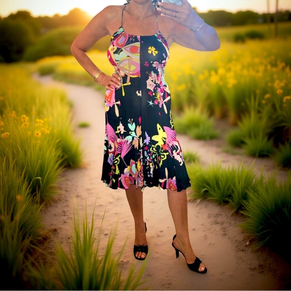 JULIEN MACDONALD of LONDON Floral Black Halter Dress